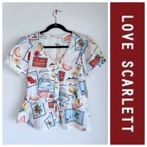 NEW SAMPLE Love Scarlett Passport Stamp Lace Trim Pearl Button Blouse Size Small